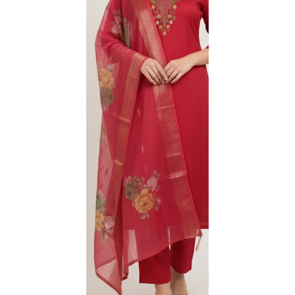 ClassiCove™ Women Garnet Red Roman Silk Handcrafted Knot-Work Kurta Set with Digital Print Silk Dupatt Desi Hands