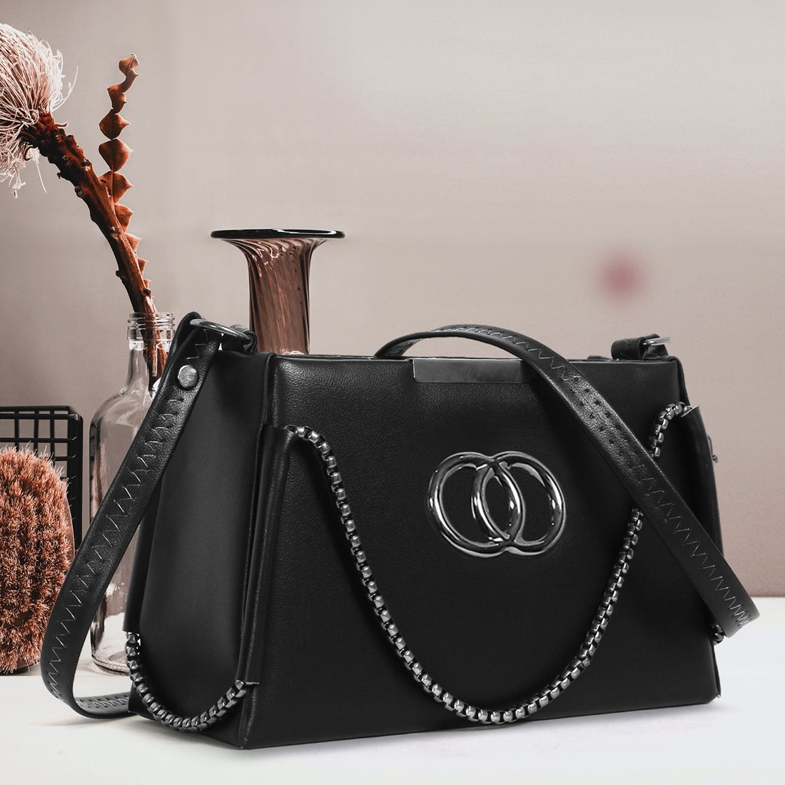 Classicove Elegant Black Shoulder Bag with Chain Detailing & Premium Finish Desi Hands