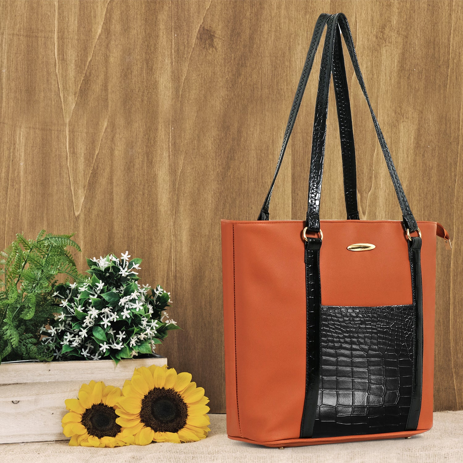 Classicove Dual-Tone Tote Bag with Croc-Texture Detailing & Multi Compartments Desi Hands