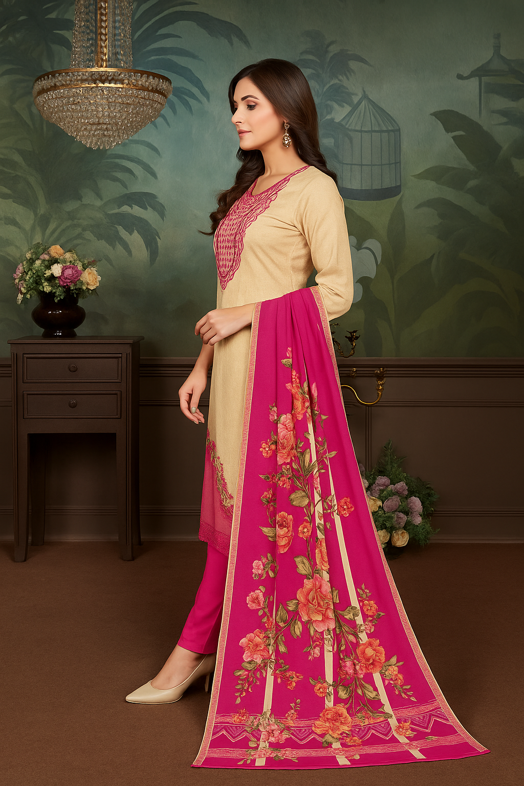 ClassiCove™ Elegant Chinon Silk Suit with Pant Bottom & Dupatta