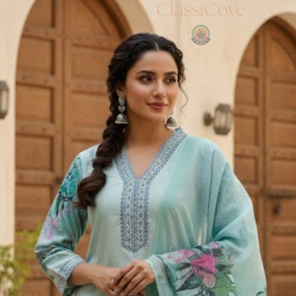 ClassiCove Sea Green Cotton Suit with Mal-Cotton Dupatta Desi Hands