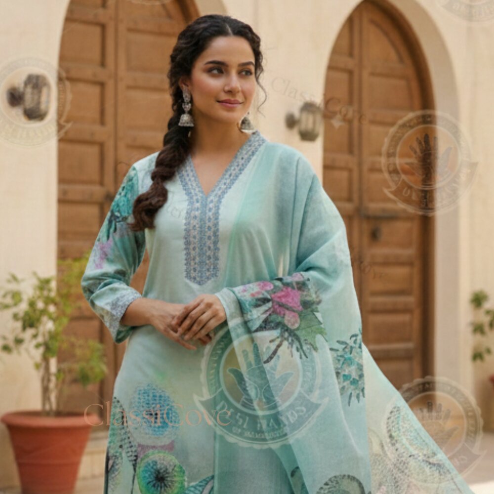 ClassiCove Sea Green Cotton Suit with Mal-Cotton Dupatta Desi Hands