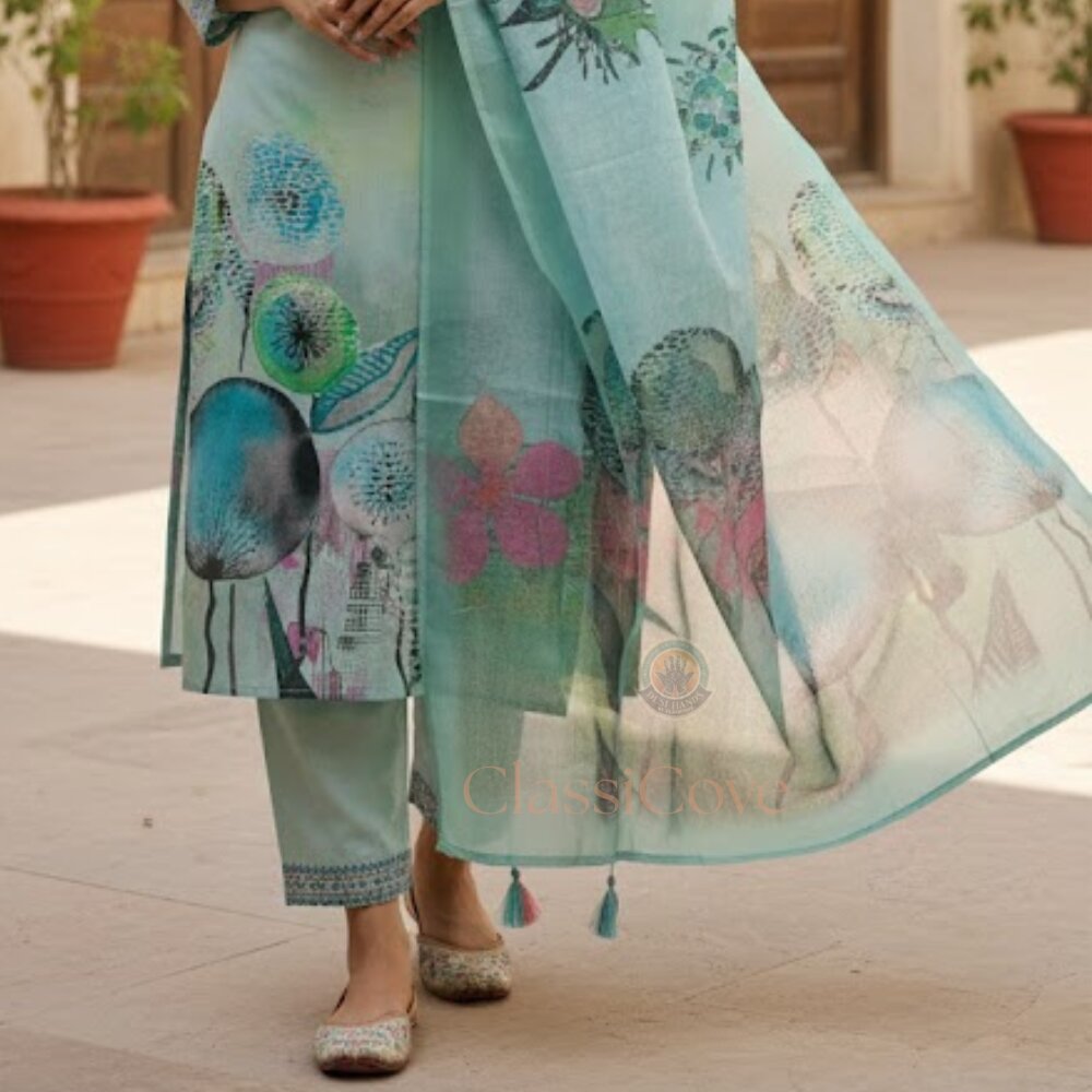 ClassiCove Sea Green Cotton Suit with Mal-Cotton Dupatta Desi Hands