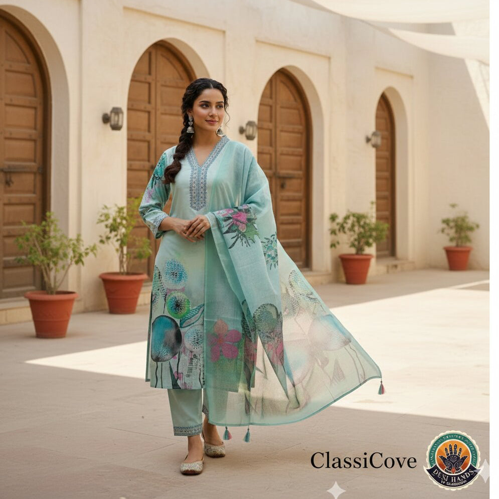 ClassiCove Sea Green Cotton Suit with Mal-Cotton Dupatta Desi Hands