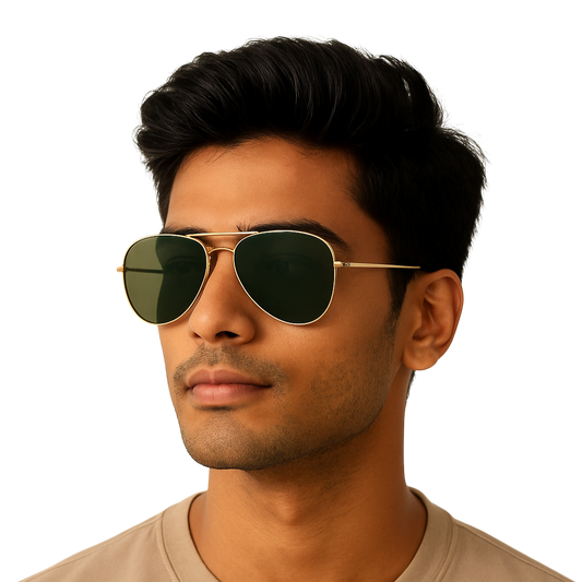 ClassiCove™ Polarised Aviator Sunglasses Green with Golden Frame